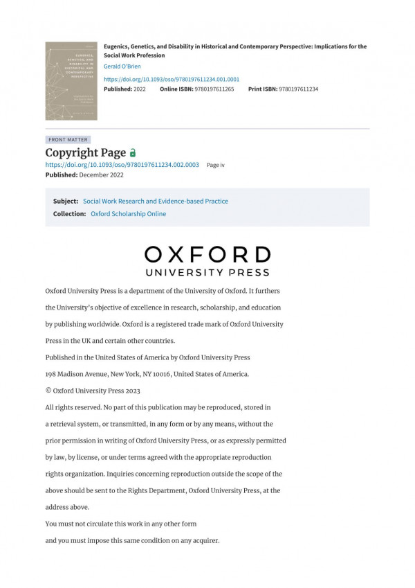 Eugenics Genetics And Disability In Historical And Contemporary Perspective Implications For The Social Work Profession Online Gerald Obrien