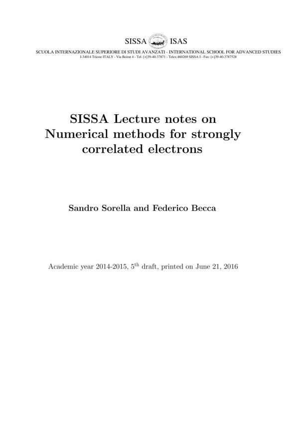 Sissa Lecture Notes On Numerical Methods For Strongly Correlated Electrons Sorella S