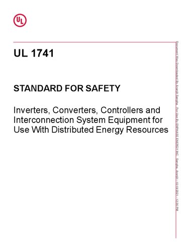 Ul Standard For Safety Inverters Converters Controllers And Interconnection System Equipment For Use With Distributed Energy Resources 3rd Edition