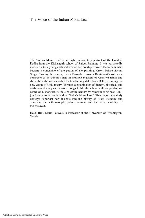 The Voice Of The Indian Mona Lisa Gender And Culture In Eighteenthcentury Rajasthan 1st Edition Heidi Rika Maria Pauwels