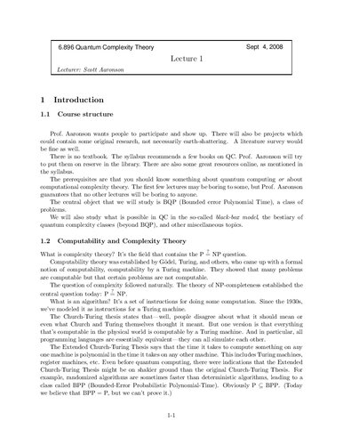 Quantum Complexity Theory Lecture Notes Prof Scott Aaronson
