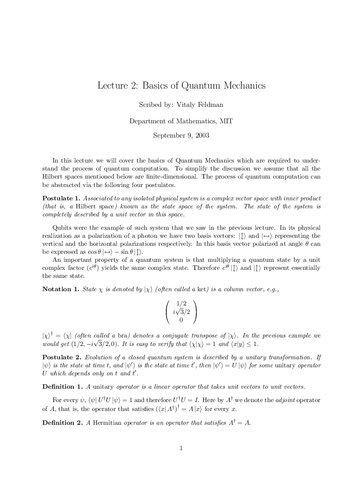Quantum Computation Lecture Notes Prof Peter Shor