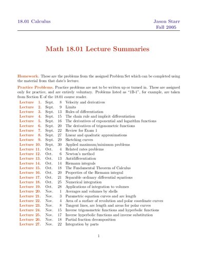 Single Variable Calculus Lecture Notes Prof Jason Starr