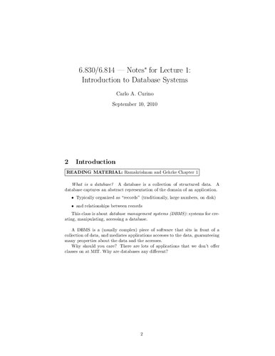 Database Systems Lecture Notes Prof Samuel Madden Prof Robert Morris