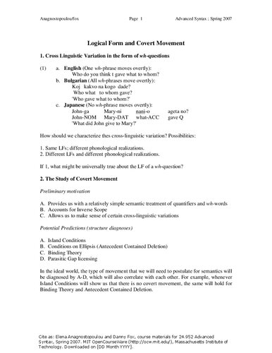 Advanced Syntax Lecture Notes Prof Daniel Fox Prof Elena Anagnostopoulou
