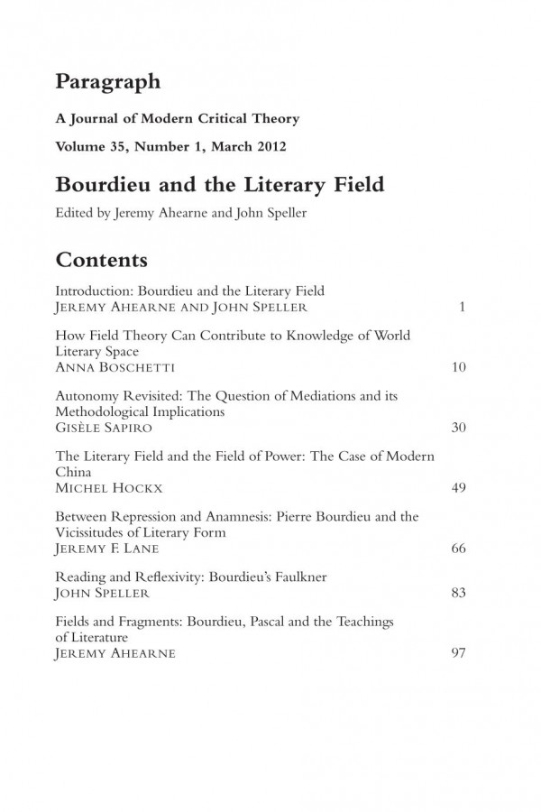 Bourdieu And The Literary Field Paragraph Volume 35 Number 1 Jeremy Ahearne John Speller