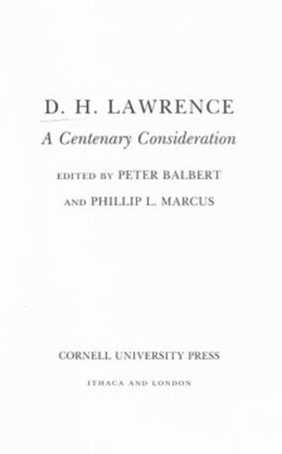 D H Lawrence A Centenary Consideration Peter Balbert Editor Phillip L Marcus Editor
