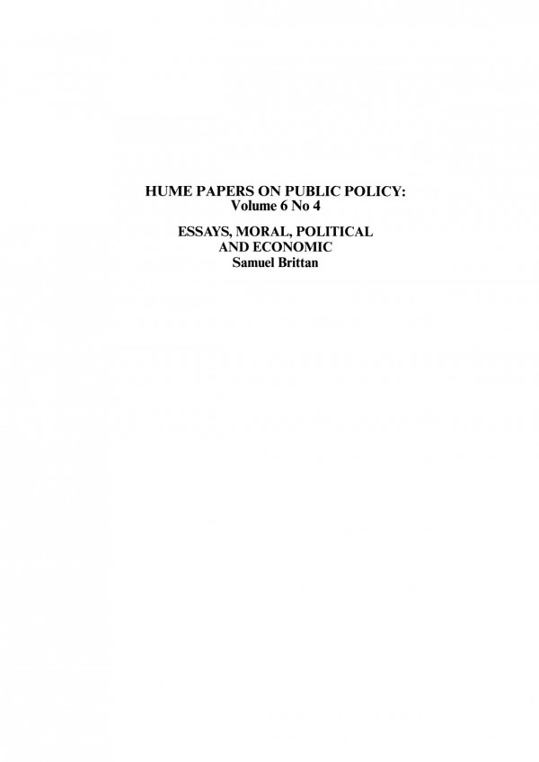 Essays Moral Political And Economic Hume Papers On Public Policy Volume 6 No 4 Samuel Brittan