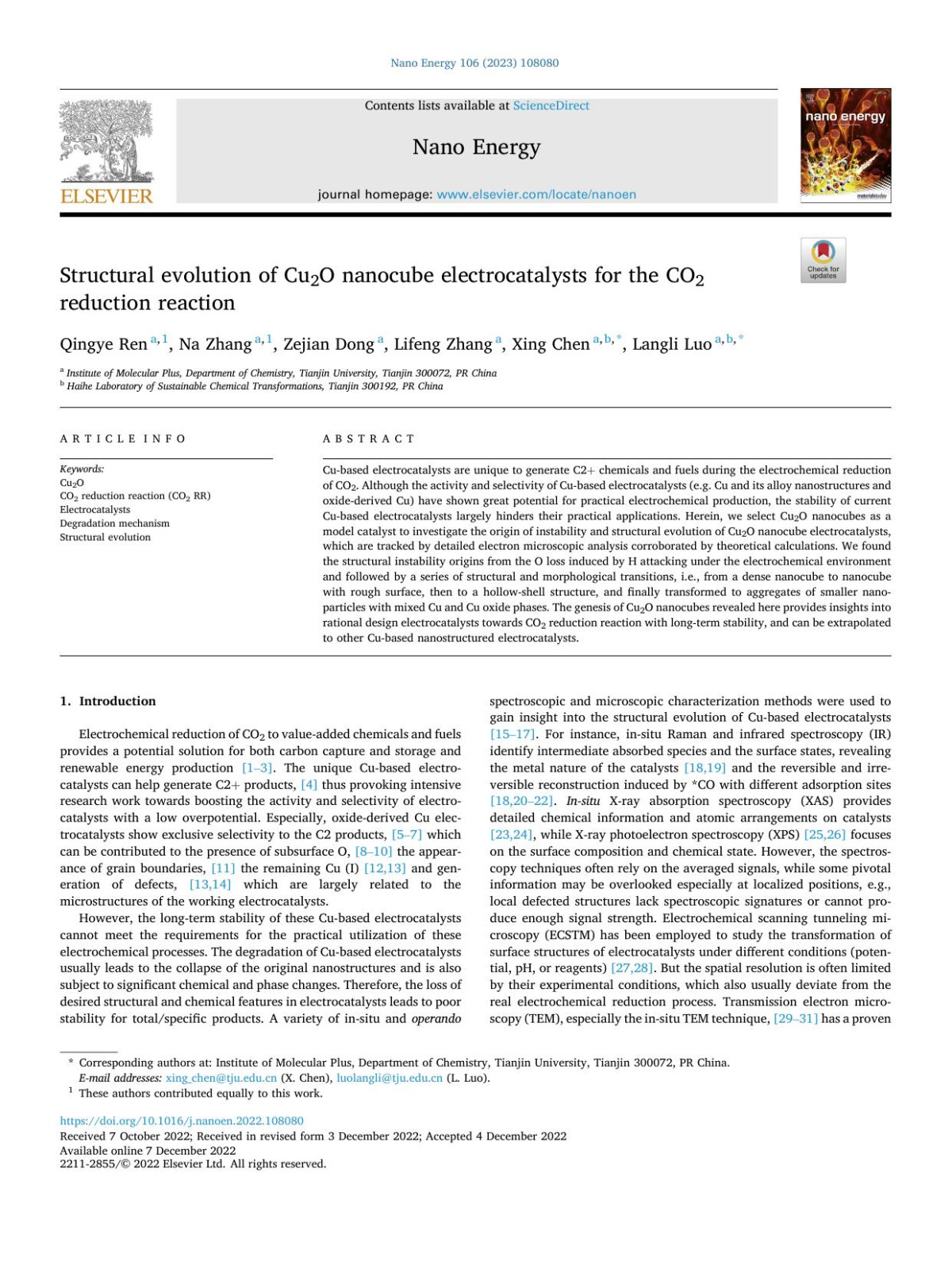 Structural Evolution Of Cu2o Nanocube Electrocatalysts For The Co2 Reduction Reaction Qingye Ren