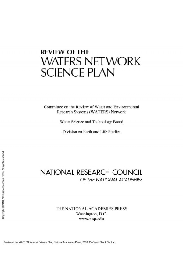 Review Of The Waters Network Science Plan 1st Edition National Research Council Division On Earth And Life Studies Water Science And Technology Board Committee On The Review Of Water And Environmental Research Systems Waters Network
