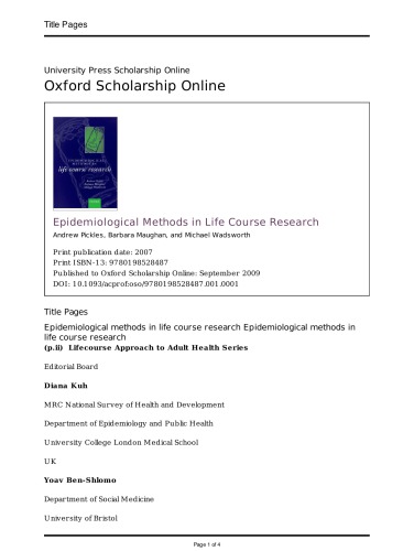 Epidemiological Methods In Life Course Research 1st Edition Andrew Pickles