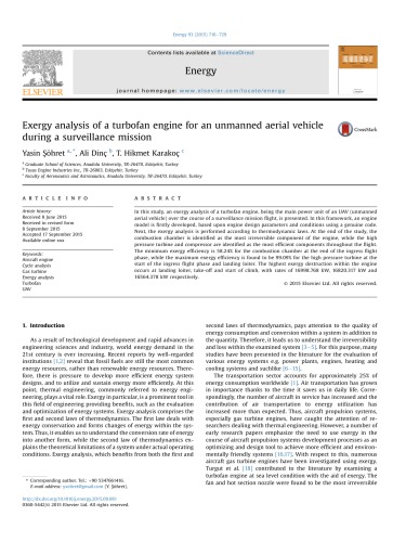 Exergy Analysis Of A Turbofan Engine For An Unmanned Aerial Vehicle During A Surveillance Mission Yasin Sohret