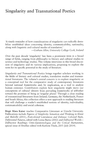 Singularity And Transnational Poetics 1st Edition Birgit Mara Kaiser