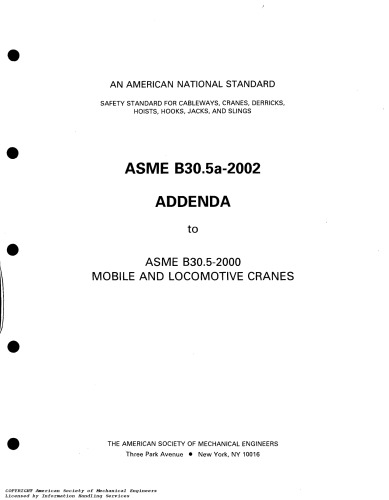Asme B305a2002 Addenda To Asme Ba3052000 Mobile And Locomotive Cranes 1st Edition Asme