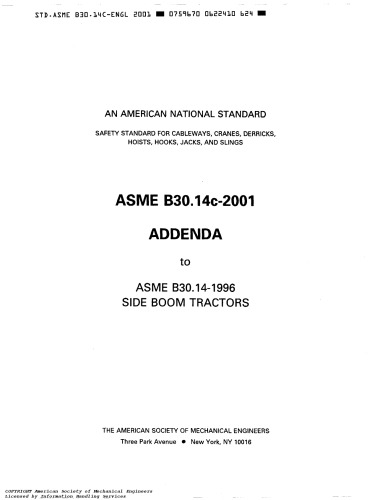 Asme B3014c2001 Addenda To Asme B30141996 Side Boom Tractors 1st Edition Asme