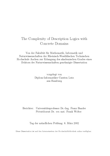 Complexity Of Description Logics With Concrete Domains Phd Thesis Carsten Lutz