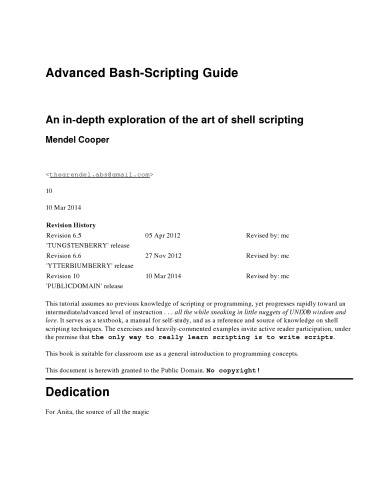 Advanced Bashscripting Guide An Indepth Exploration Of The Art Of Shell Scripting Revision 10 Mendel Cooper