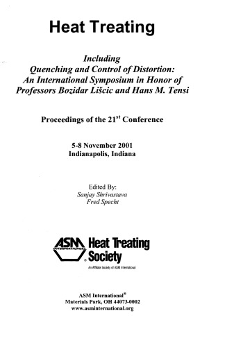Heat Treating Including Quenching And Control Of Distortion 1st Edition Fred Specht