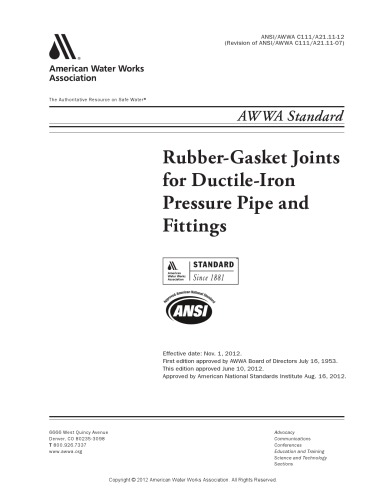 Awwa C111a211112 Rubbergasket Joints For Ductileiron Pressure Pipe And Fittings Awwa