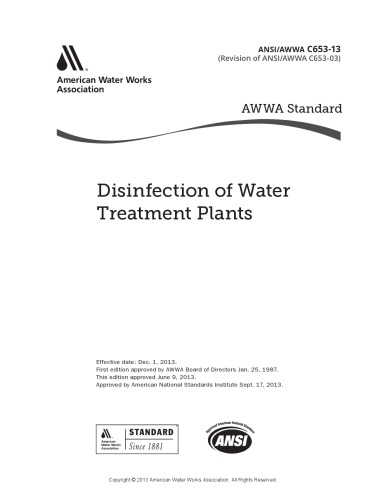 Awwa C65313 Disinfection Of Water Treatment Plants First Edition Onlineausg Not Available