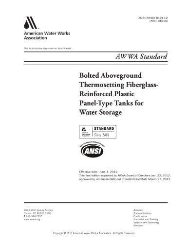 Bolted Aboveground Thermosetting Fiberglassreinforced Plastic Paneltype Tanks For Water Storage Awwa Standard 1st Ed Awwa