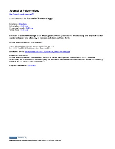 Revision Of The First Therocephalian Theriognathus Owen Therapsida Whaitsiidae And Implications For Cranial Ontogeny And Allometry In Nonmammaliaform Eutheriodonts Adam K Huttenlocker And Fernando Abdala