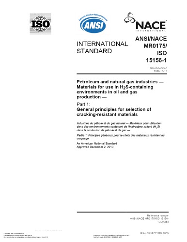 Nace Mr 0175 Iso 151561 General Principles For Selection Of Crackingresistant Materials 2nd Nace