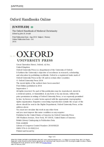 The Oxford Handbook Of Medieval Christianity John H Arnold Ed