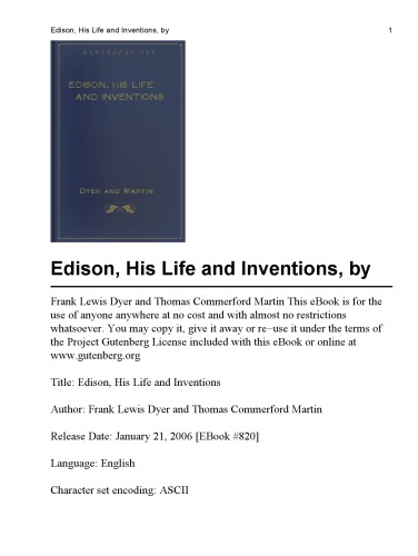 Edison His Life And Inventions Edison Thomas Alva Martin Thomas Commerford Dyer