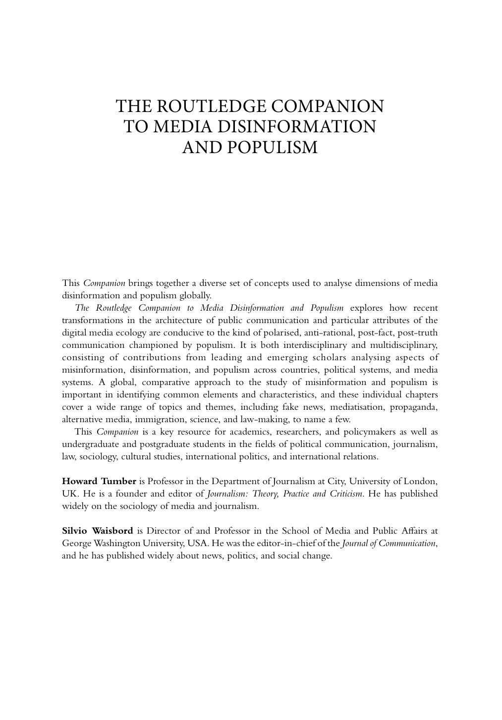 The Routledge Companion To Media Disinformation And Populism Howard Tumber Silvio Waisbord