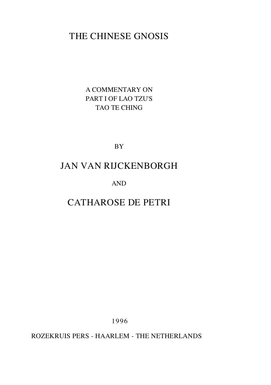 The Chinese Gnosis Catharose De Petri Jan Van Rijckenborgh
