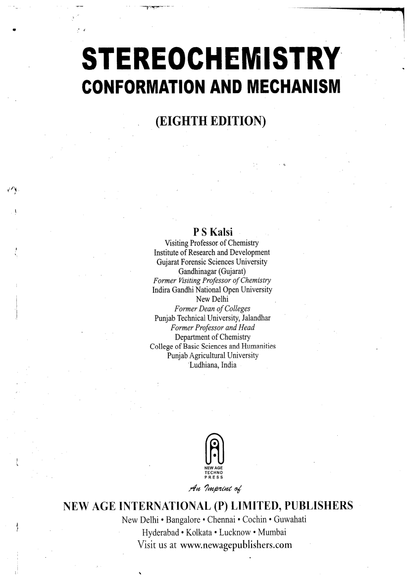 Stereochemistry Conformation And Mechanism 8th Edition P S Kalsi