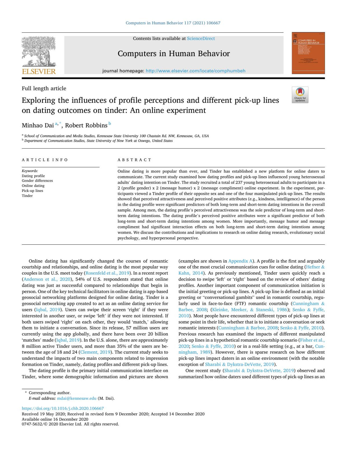 Exploring The Influences Of Profile Perceptions And Different Pickup Lines On Dating Outcomes On Tinder An Online Experiment Minhao Dai