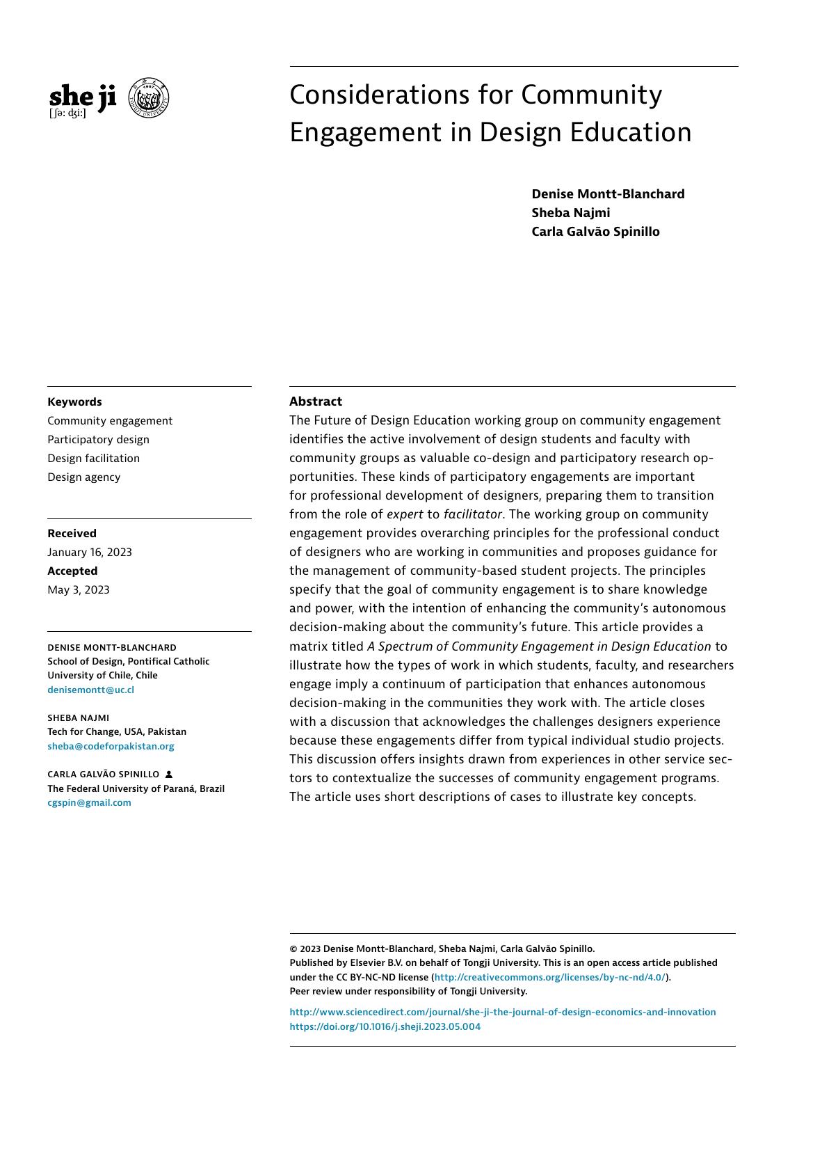 Considerations For Community Engagement In Design Education Denise Monttblanchard Sheba Najmi Carla Galvo Spinillo
