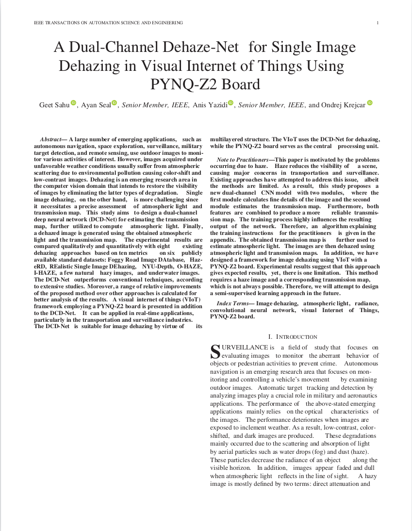 A Dualchannel Dehazenet For Single Image Dehazing In Visual Internet Of Things Using Pynqz2 Board Geet Sahu