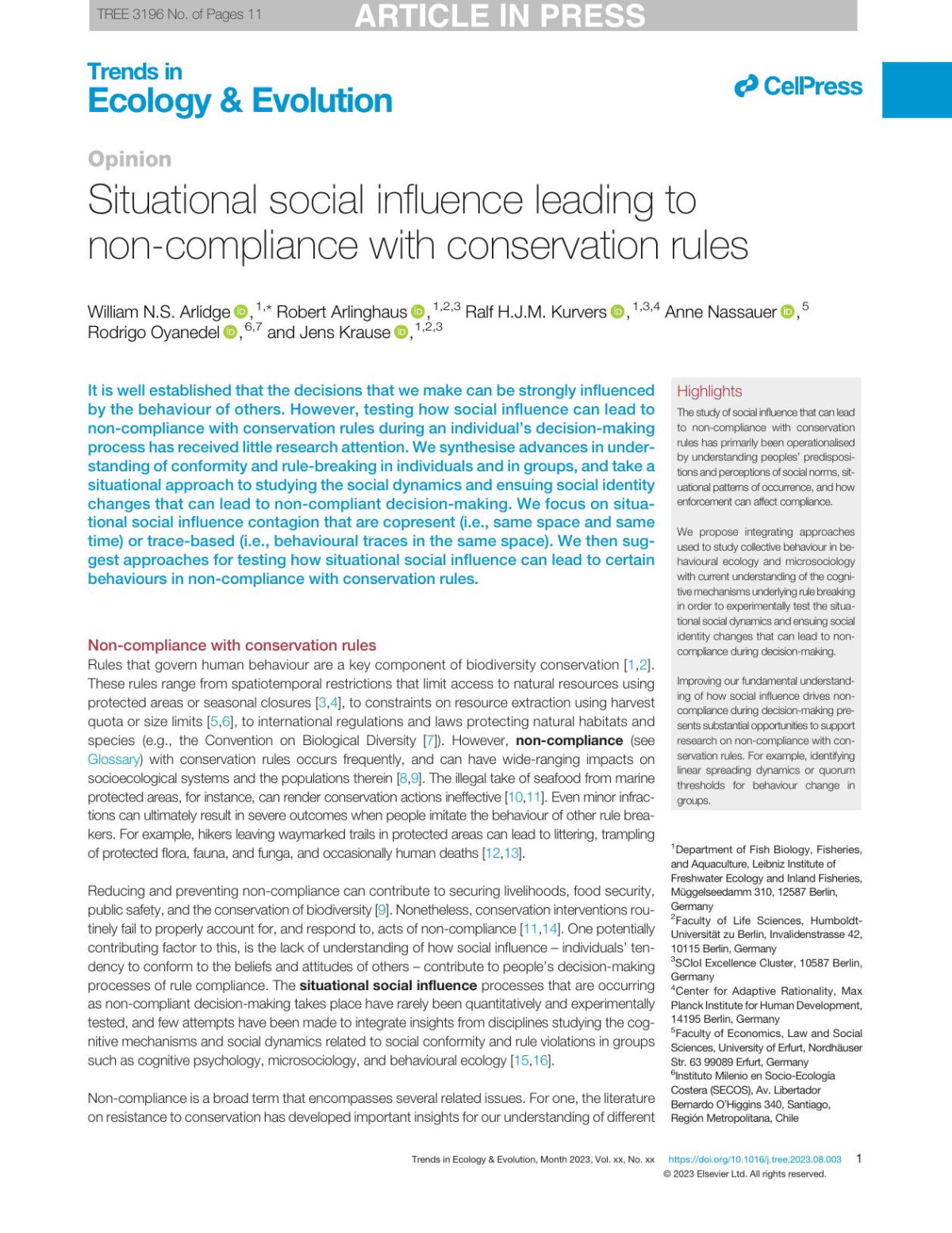 Situational Social Influence Leading To Noncompliance With Conservation Rules William Ns Arlidge Robert Arlinghaus Ralf Hjm Kurvers Anne Nassauer Rodrigo Oyanedel Jens Krause