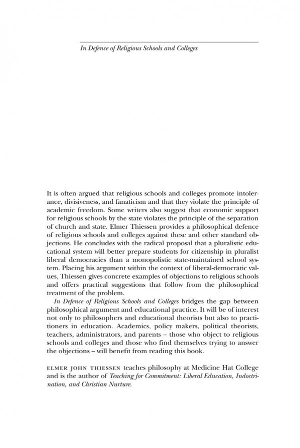 In Defence Of Religious Schools And Colleges Elmer John Thiessen