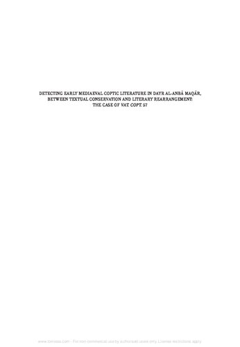 Detecting Early Mediaeval Coptic Literature In Dayr Alanb Maqr Between Textual Conservation And Literary Rearrangement The Case Of Vat Copt 57 Paola Buzi Editor