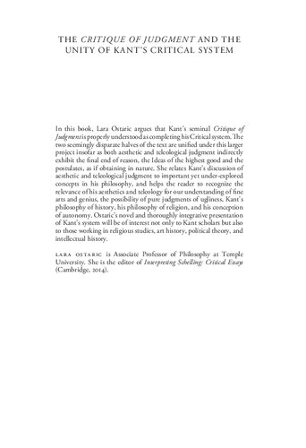 The Critique Of Judgment And The Unity Of Kants Critical System Lara Ostaric