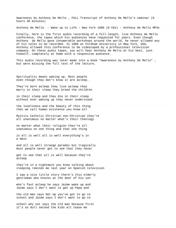 Awareness Wake Up To Life Conference Transcript Anthony De Mello S Complete Collected Works Transcribed From His Speech Awareness Rediscovering Life Way To Love Lovesprings How To Love Way To God For Today Anthony De Mello