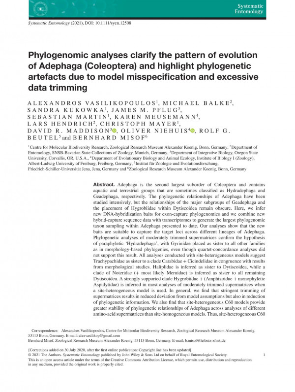 Phylogenomic Analyses Clarify The Pattern Of Evolution Of Adephaga Coleoptera And Highlight Phylogenetic Artefacts Due To Model Misspecification And Excessive Data Trimming 1st Edition Alexandros Vasilikopoulos