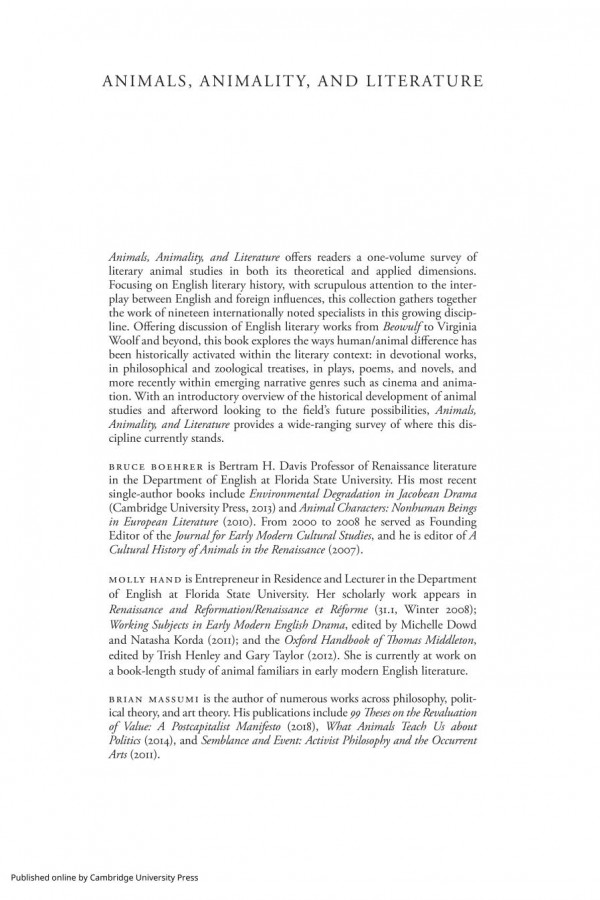 Animals Animality And Literature Bruce Boehrer Molly Hand Brian Massumi