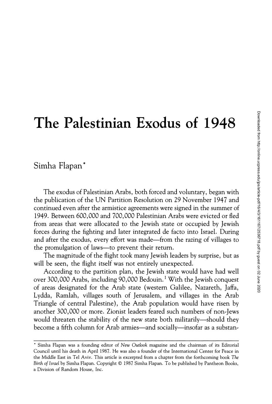 The Palestinian Exodus Of 1948 Flapan Simha