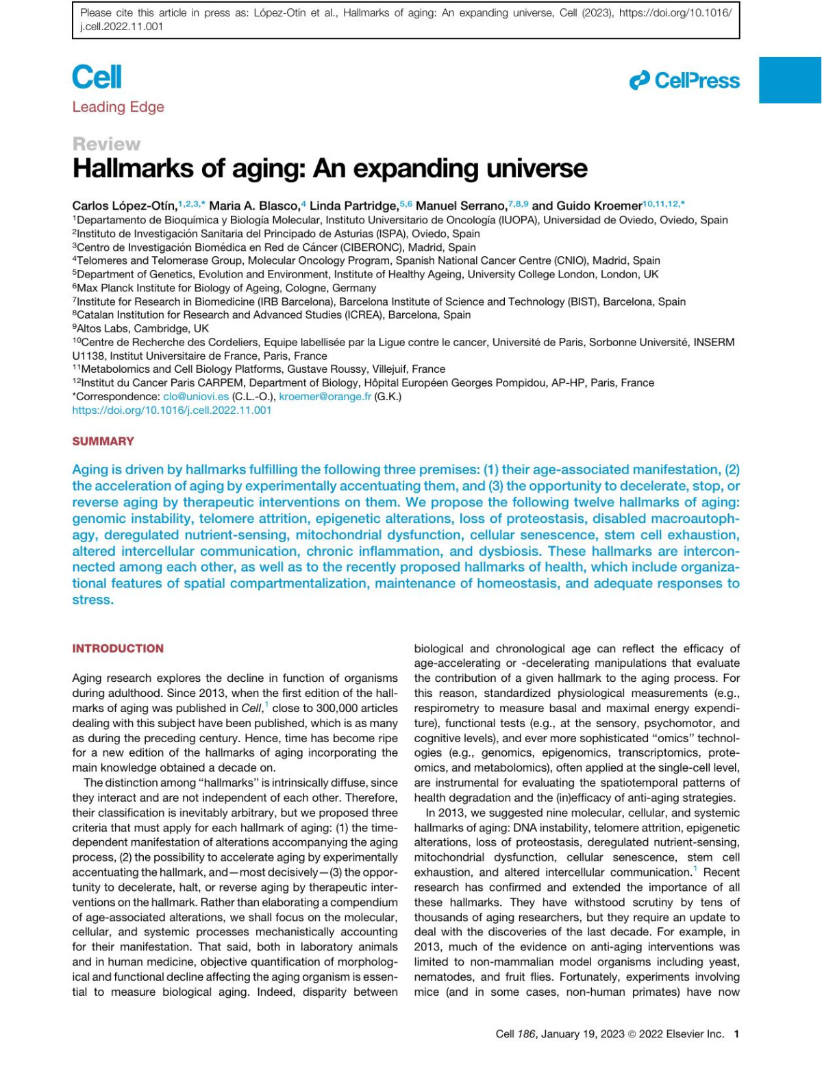 Hallmarks Of Aging An Expanding Universe Cell 186 January 19 2023 Carlos Lpezotn Maria A Blasco Linda Partridge Manuel Serrano Guido Kroemer