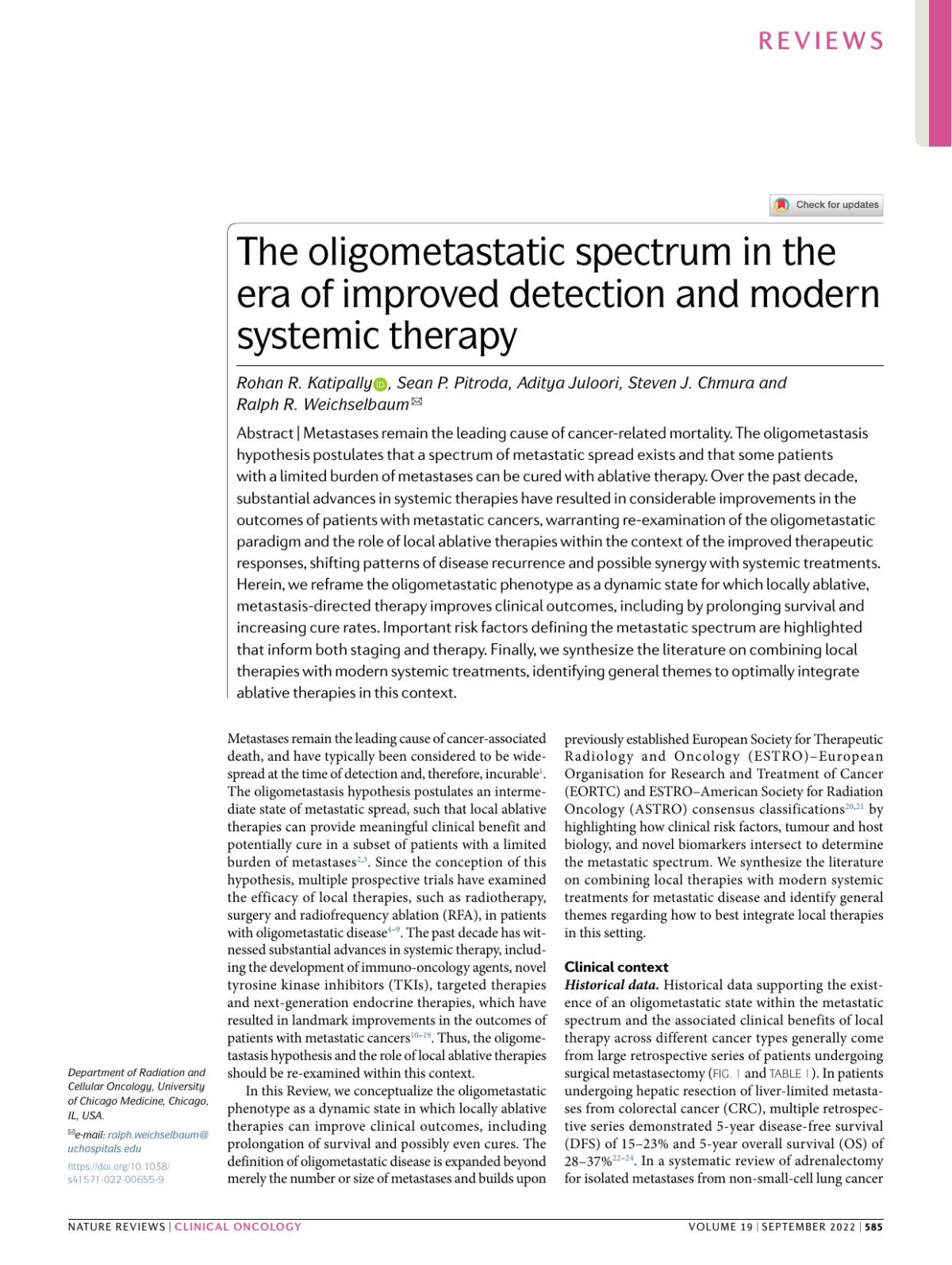 The Oligometastatic Spectrum In The Era Of Improved Detection And Modern Systemic Therapy Rohan R Katipally Sean P Pitroda Aditya Juloori Steven J Chmura Ralph R Weichselbaum