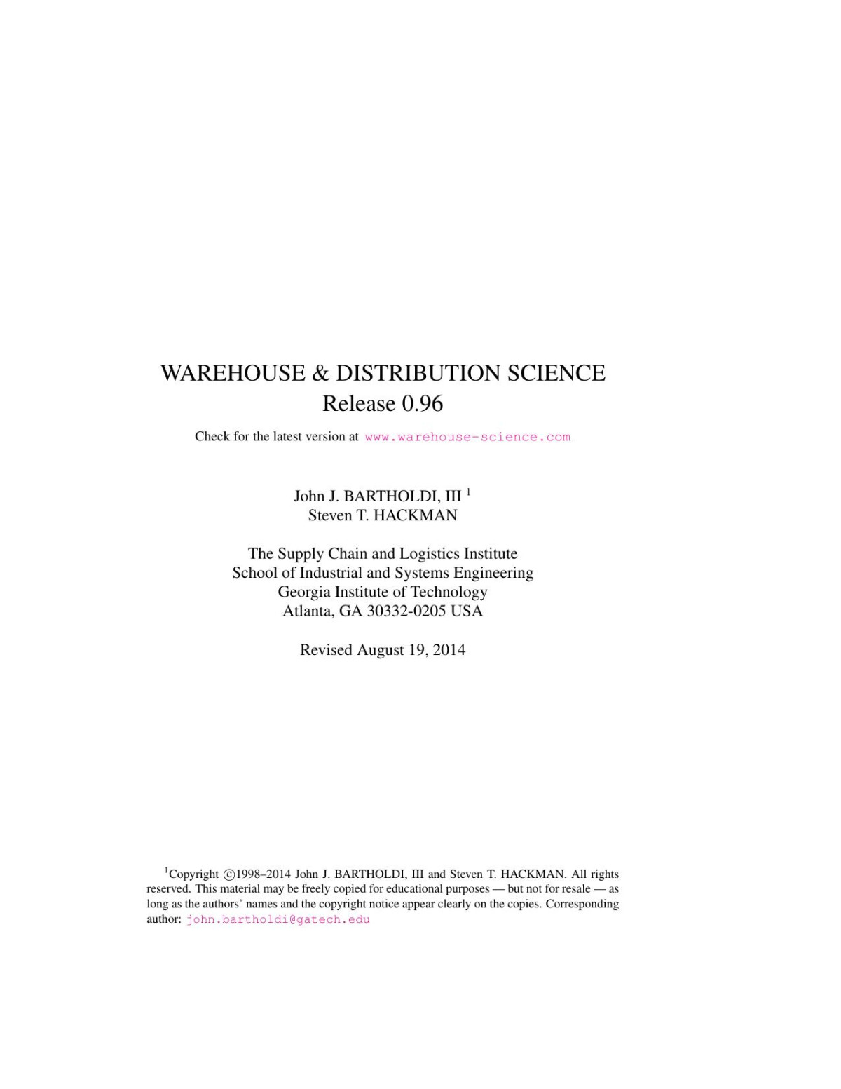 Warehouse Distribution Science John J Bartholdi Iii And Steven T Hackman