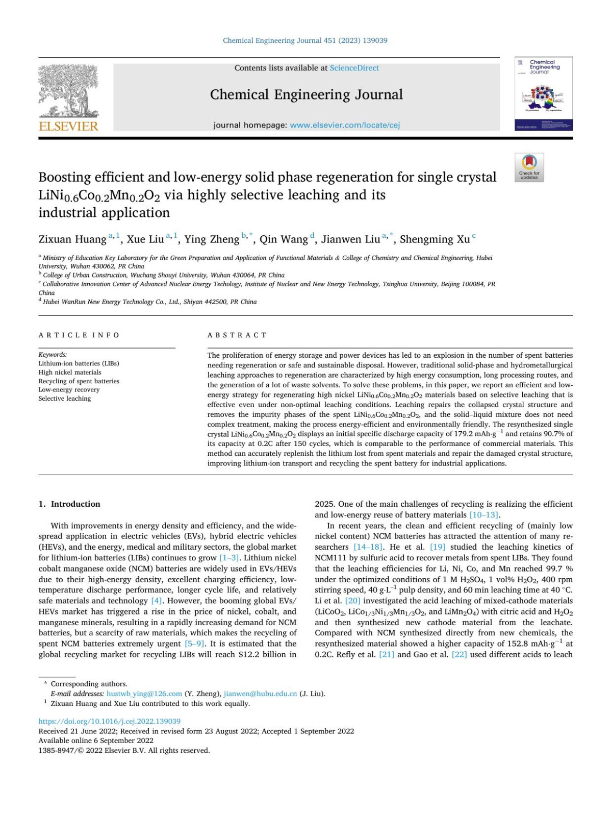 Boosting Efficient And Lowenergy Solid Phase Regeneration For Single Crystal Lini06co02mn02o2 Via Highly Selective Leaching And Its Industrial Application Zixuan Huang