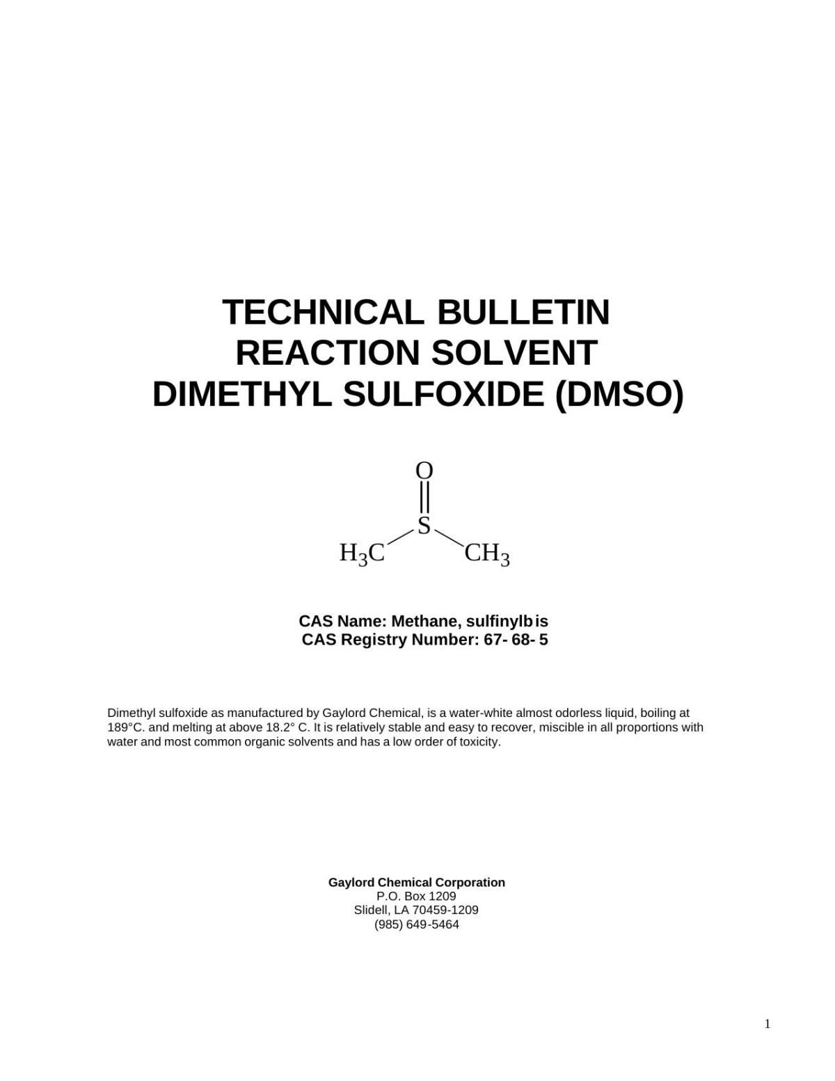 Technical Bulletin Reaction Solvent Dimethyl Sulfoxide Dmso Craig Alexander