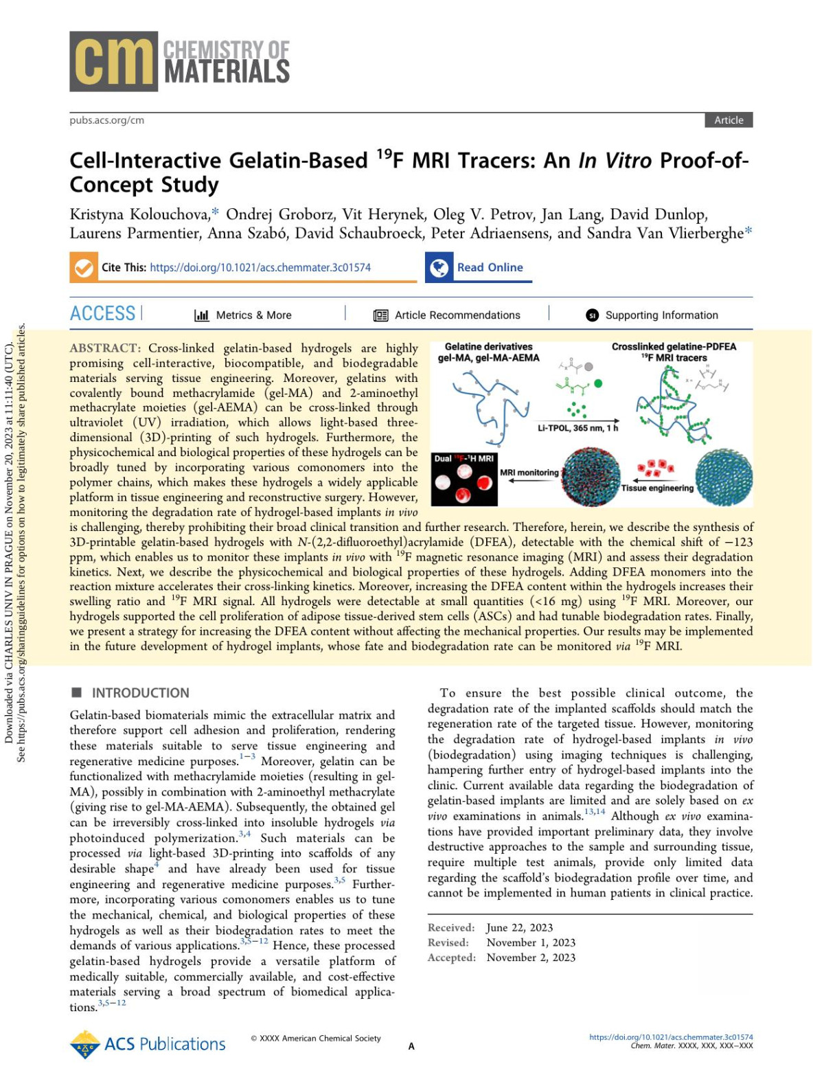 Cellinteractive Gelatinbased 19f Mri Tracers An In Vitro Proofofconcept Study Kristyna Kolouchova