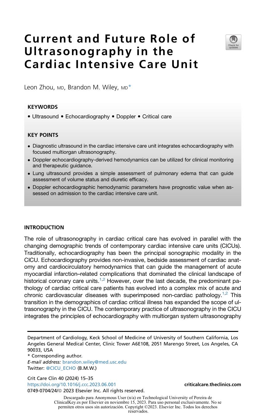 Current And Future Role Of Ultrasonography In The Cardiac Intensive Care Unit Leon Zhou Md Brandon M Wiley Md